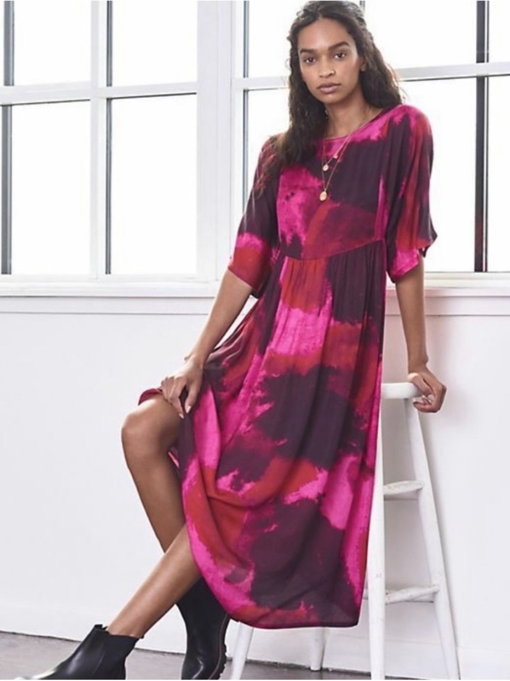 Anthropologie NORBLACK NORWHITE Stunning Flowing Dress Fuchsia and Burgundy XS S